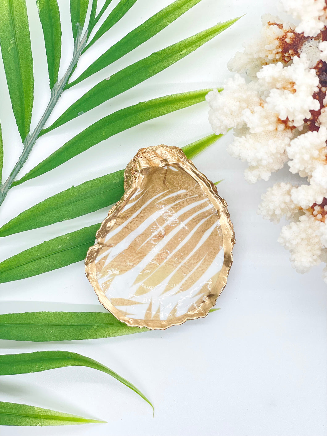 Tan Palm Fronds Oyster Trinket Dish