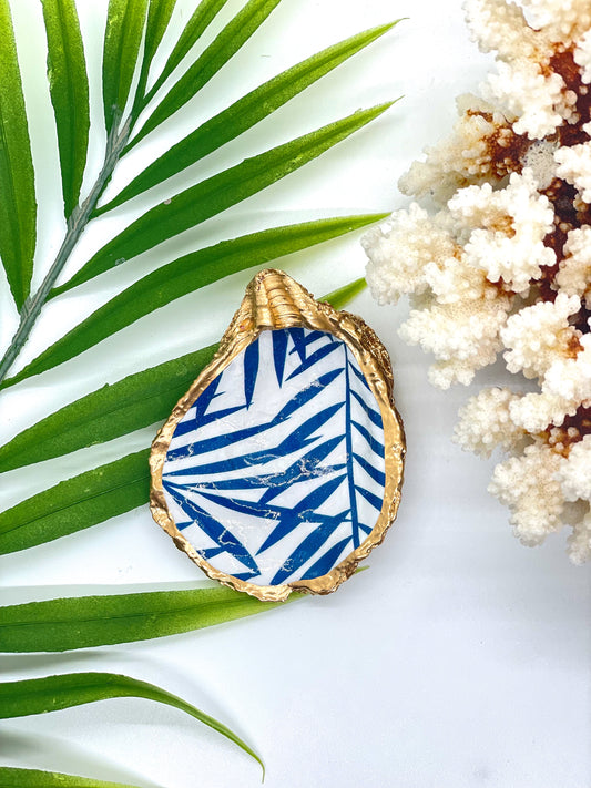 Navy Palm Fronds Oyster Jewelry Dish