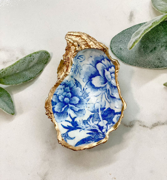 Blue Flowers Oyster Jewelry Dish