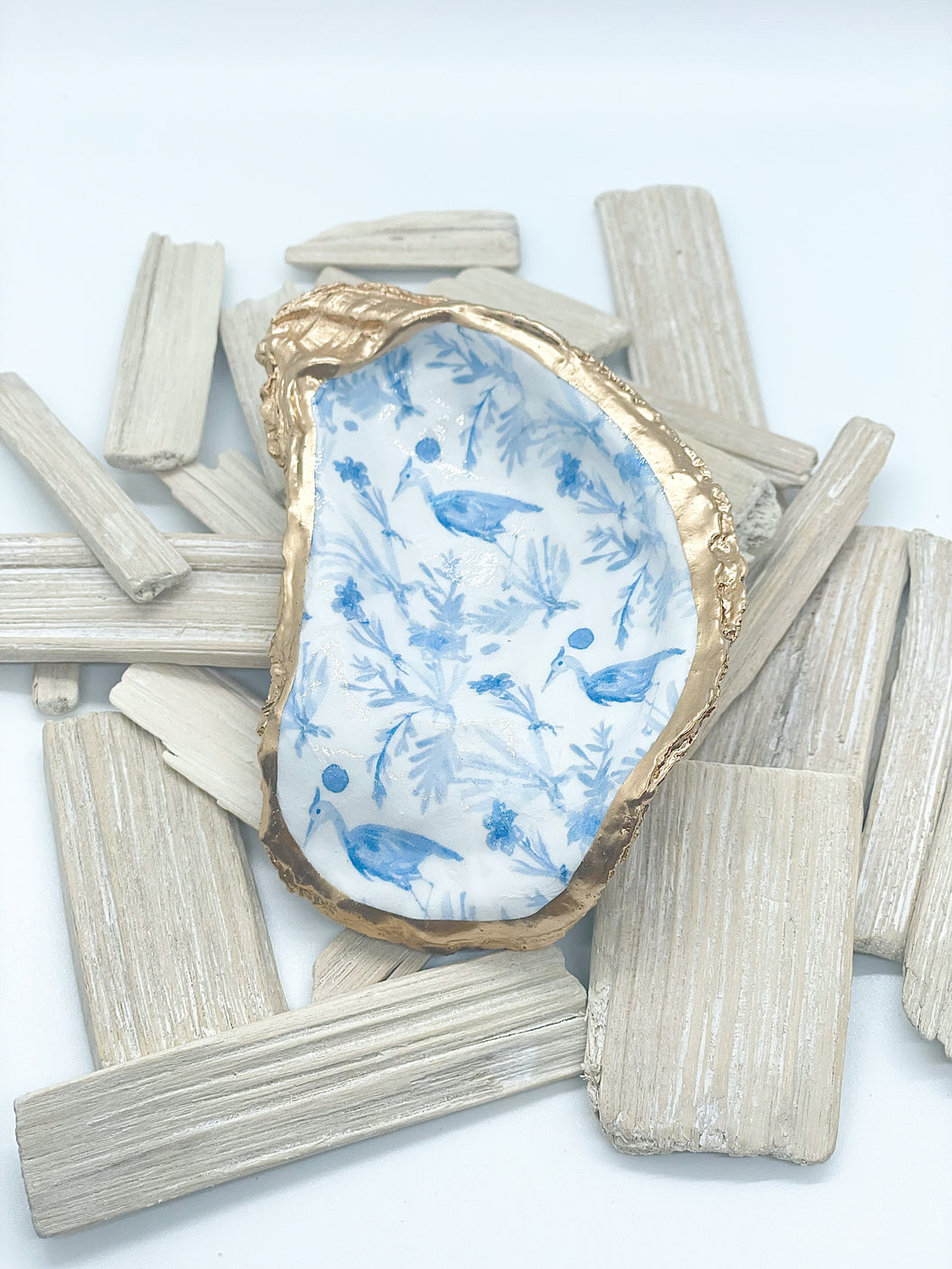 Chinoiserie Blue Heron Oyster Trinket Dish