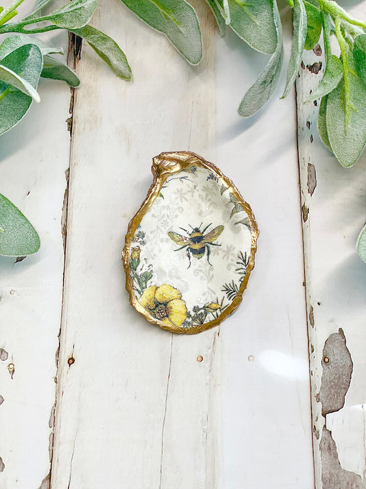 Bee and Wildflowers Oyster Jewelry Dish